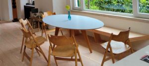 Wood table and stools in Lisbon