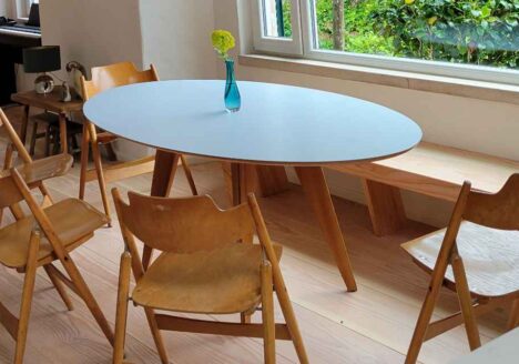 Wood table and stools in Lisbon